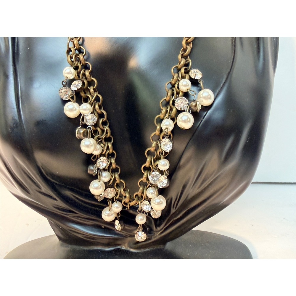 Brass Tone Faux Pearl Rhinestone Multi Strand Bib Necklace